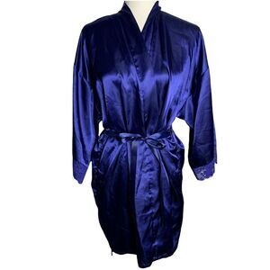 Fredericks of Hollywood Satin Robe M Blue Lace Tie Belt Pockets Long Sleeves